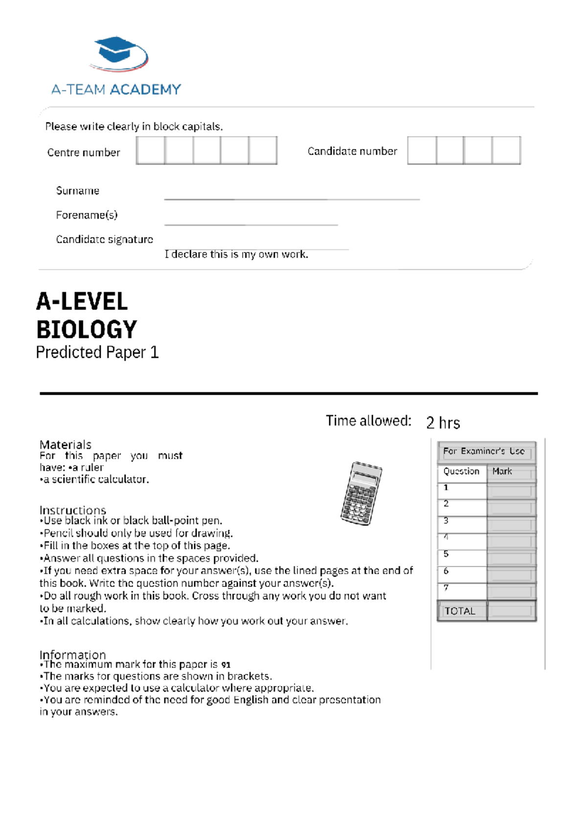AQA A Level Biology Paper 1 Predicted Questions and Answers - Studocu