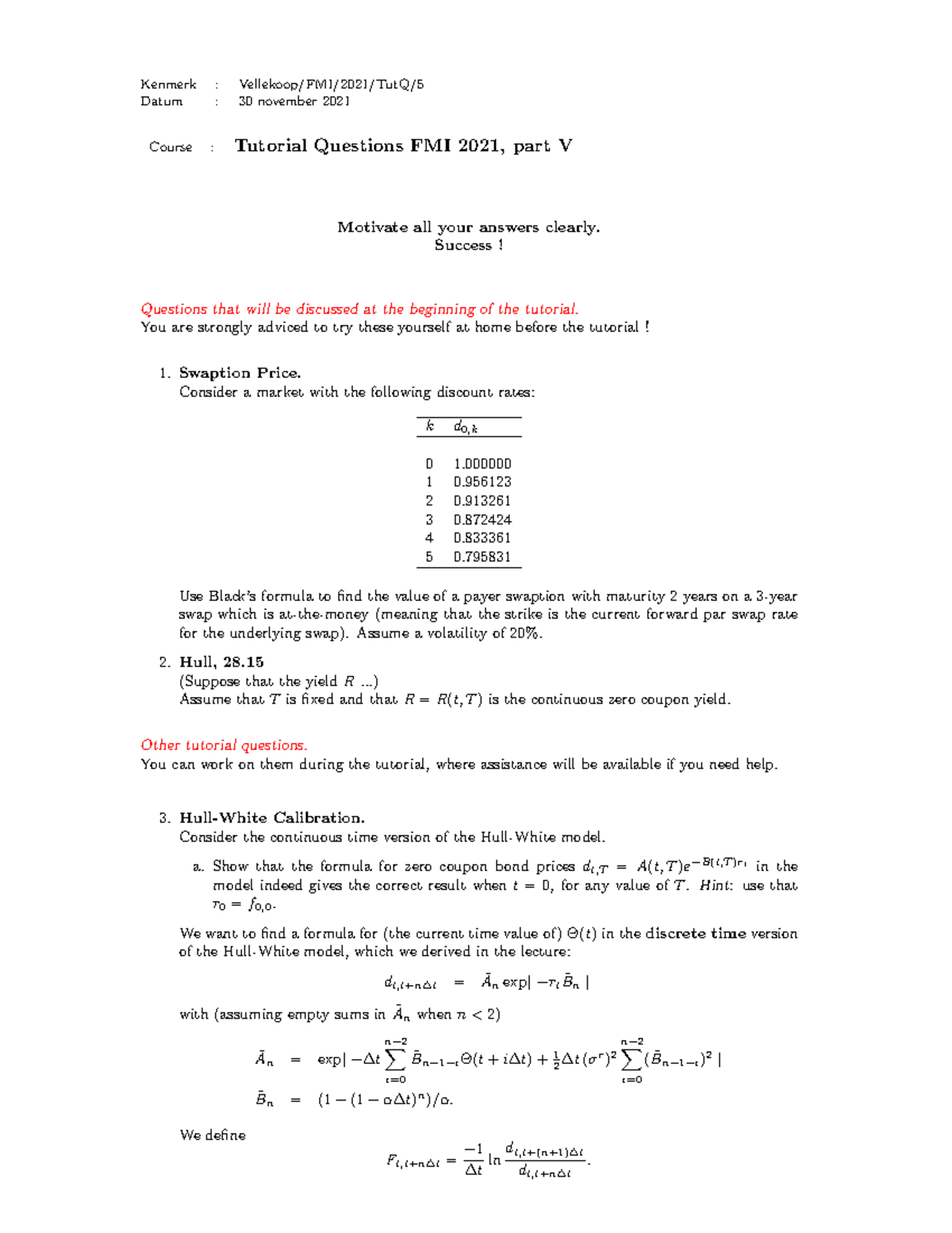 FMI 2021 Tutorial Questions Part V on Financial Mathematics - Studeersnel