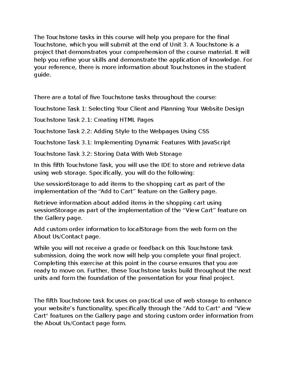 Touchstone Tasks Overview for Final Project (Course Code: 10) - Studocu