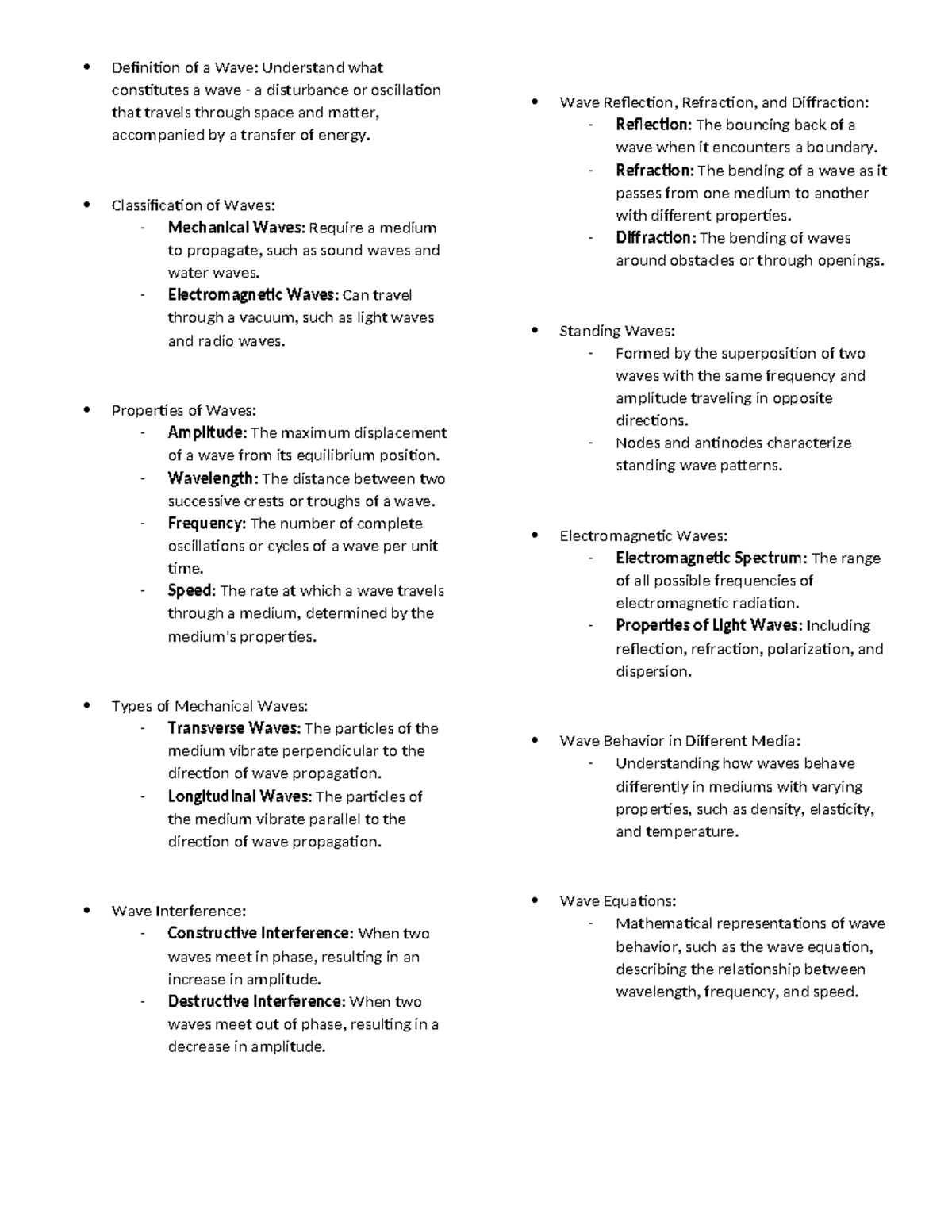 Waves (PHYS101) - Comprehensive Study Notes on Properties and Types ...