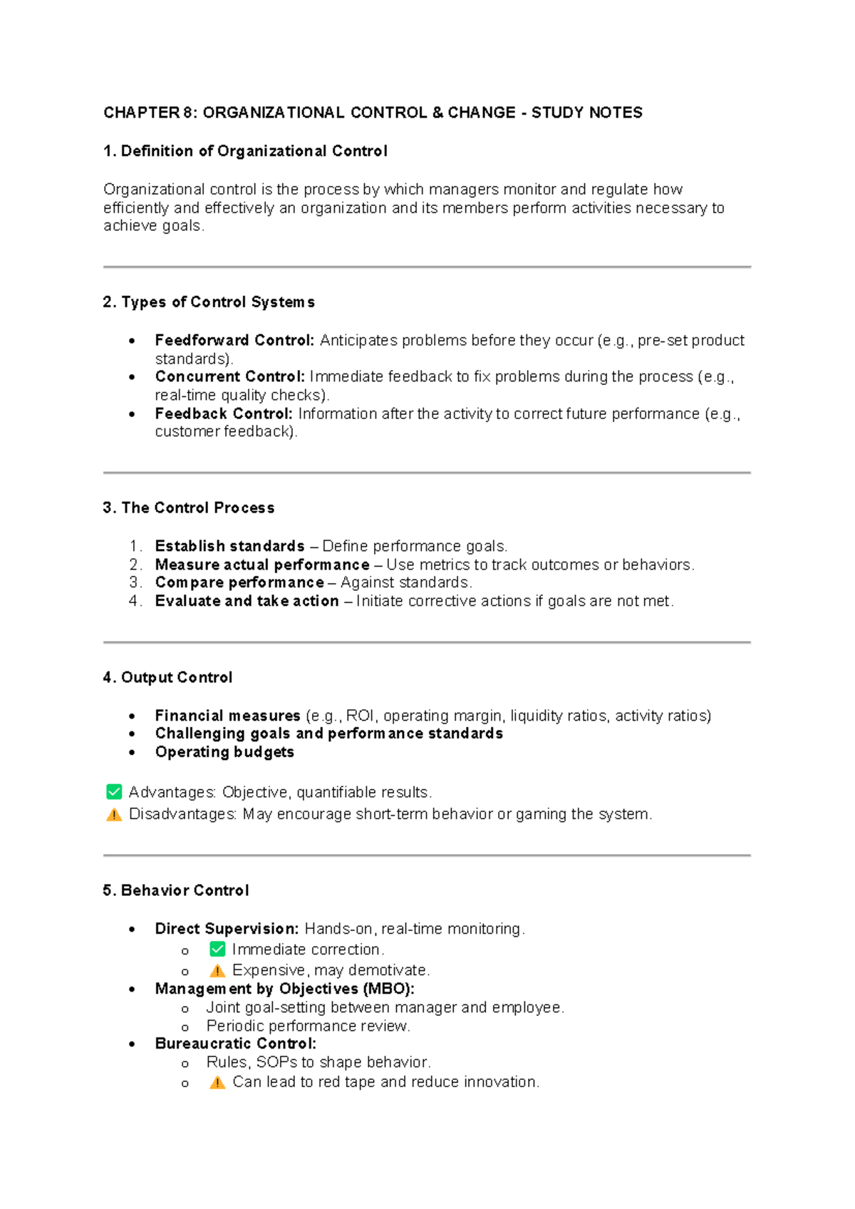 MGT420 Chapter 8: Study Notes on Organizational Control - Studocu