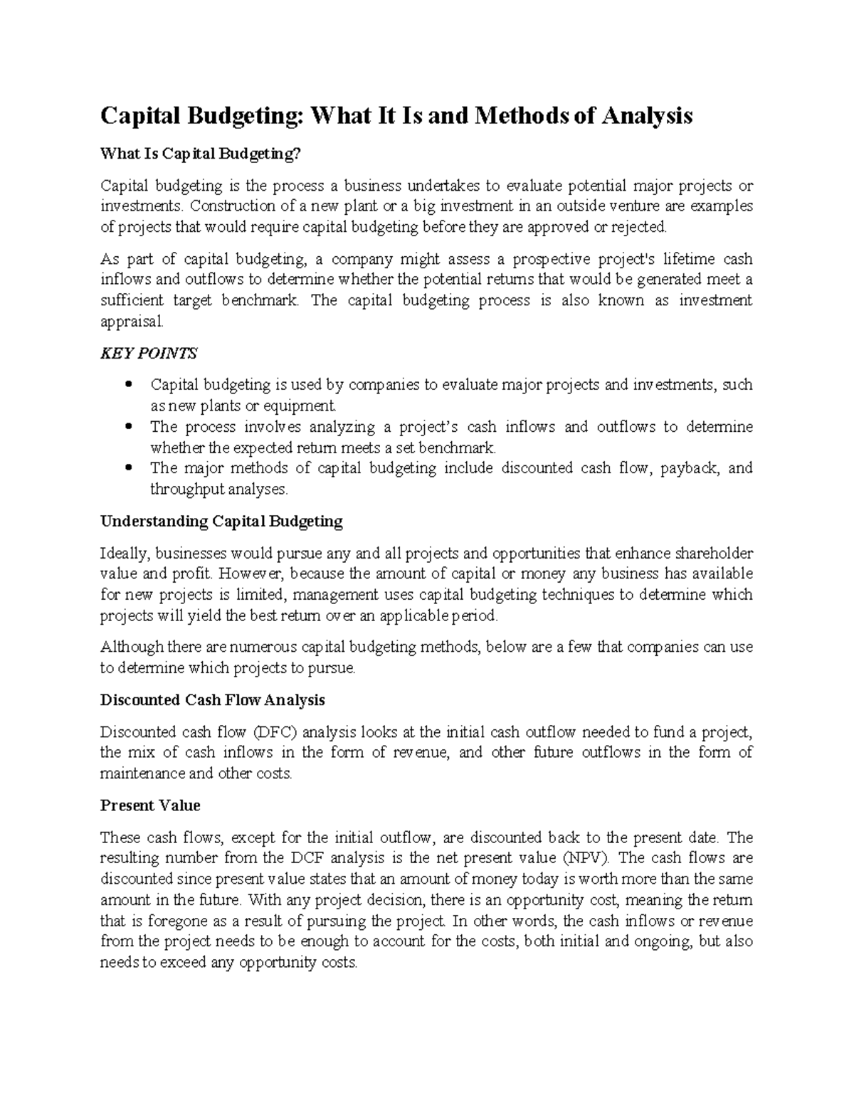 Capital Budgeting: Methods, Analysis, and Key Concepts - NOTES - Studocu
