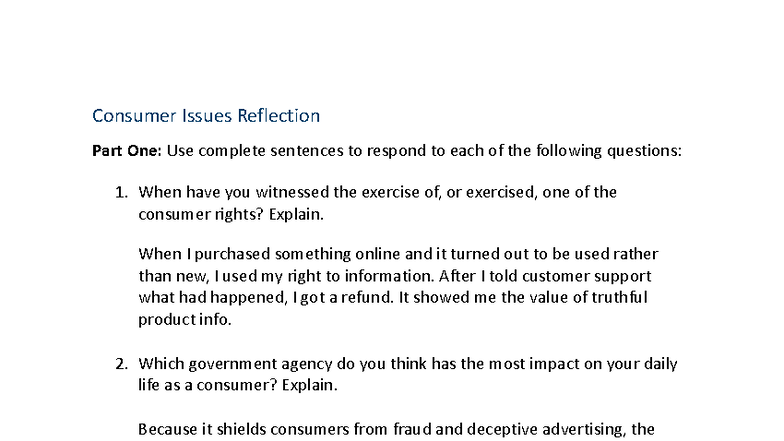 03 02 Consumer Issues Reflection: Rights, Laws & Agency Influence - Studocu