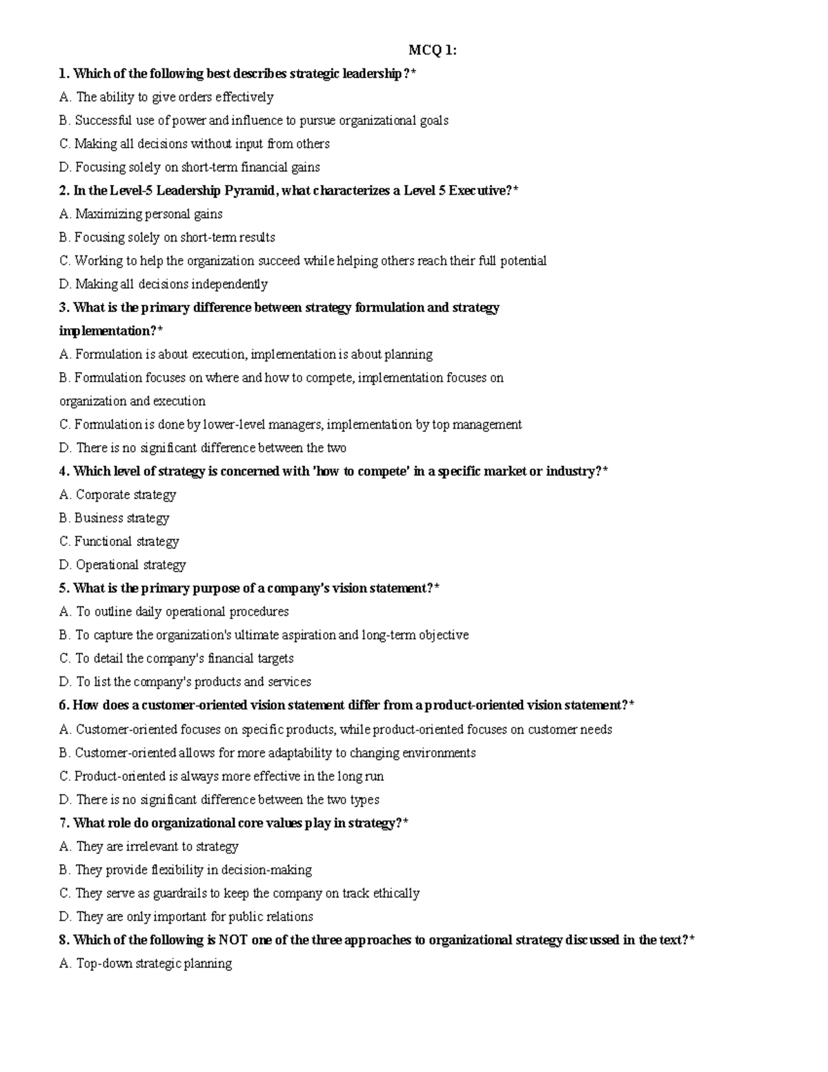 MCQ 1: Strategic Management Concepts and Frameworks - Studocu