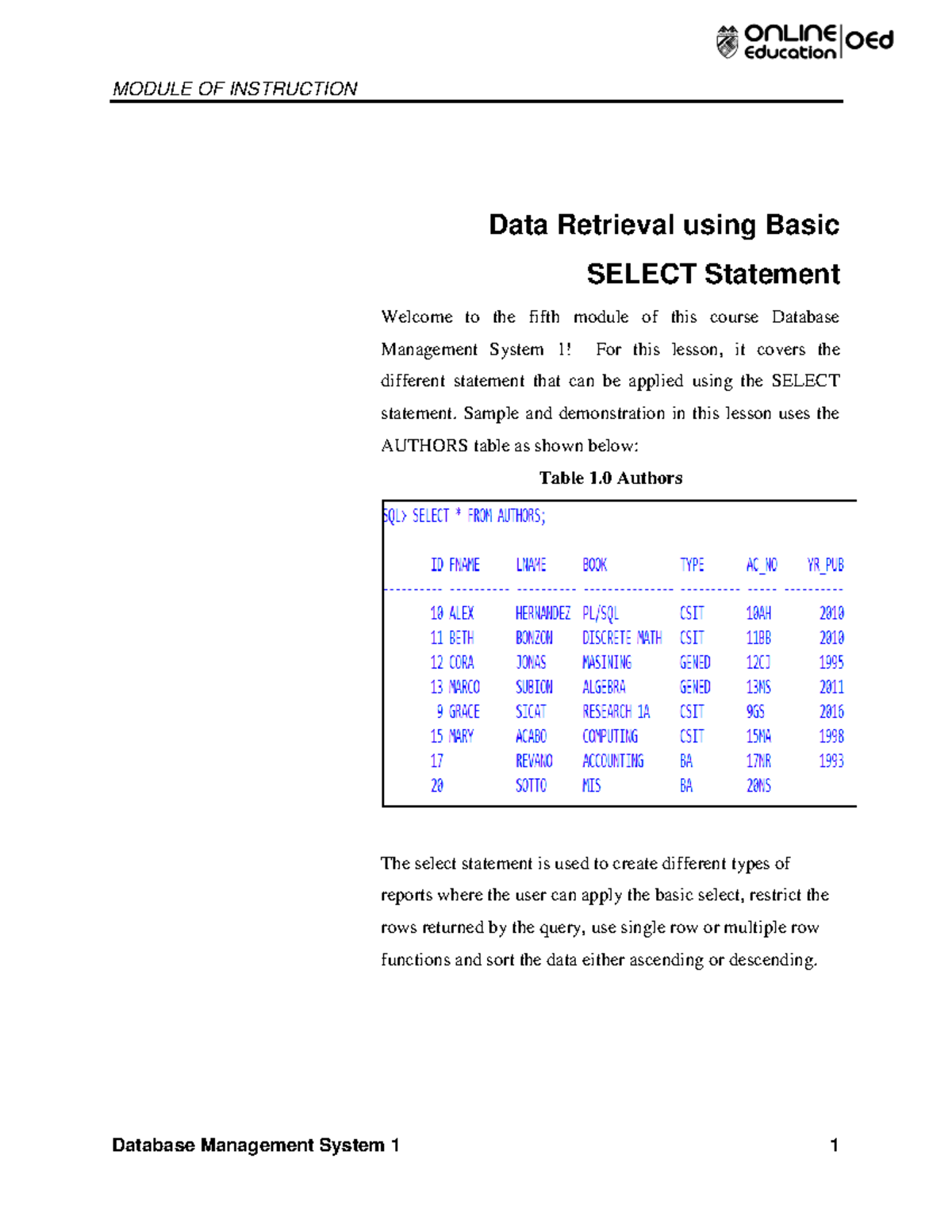 Week 5 DATABASE SELECT - MODULE OF INSTRUCTION Database Management ...
