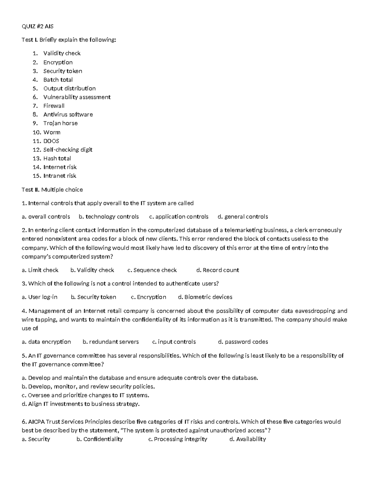 QUIZ AIS Test I & II: Key Concepts and Multiple Choice Questions - Studocu