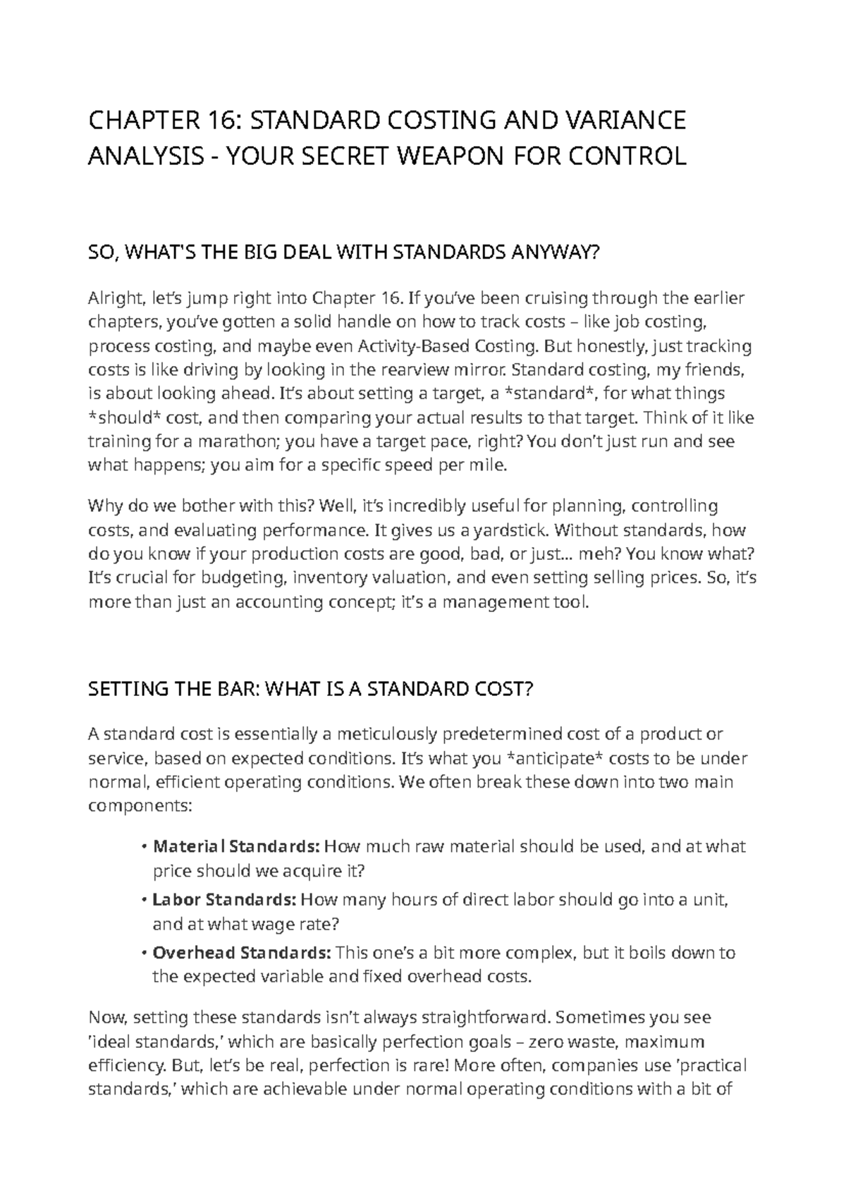 Cost Accounting CH16: Standard Costing & Variance Analysis Review - Studocu
