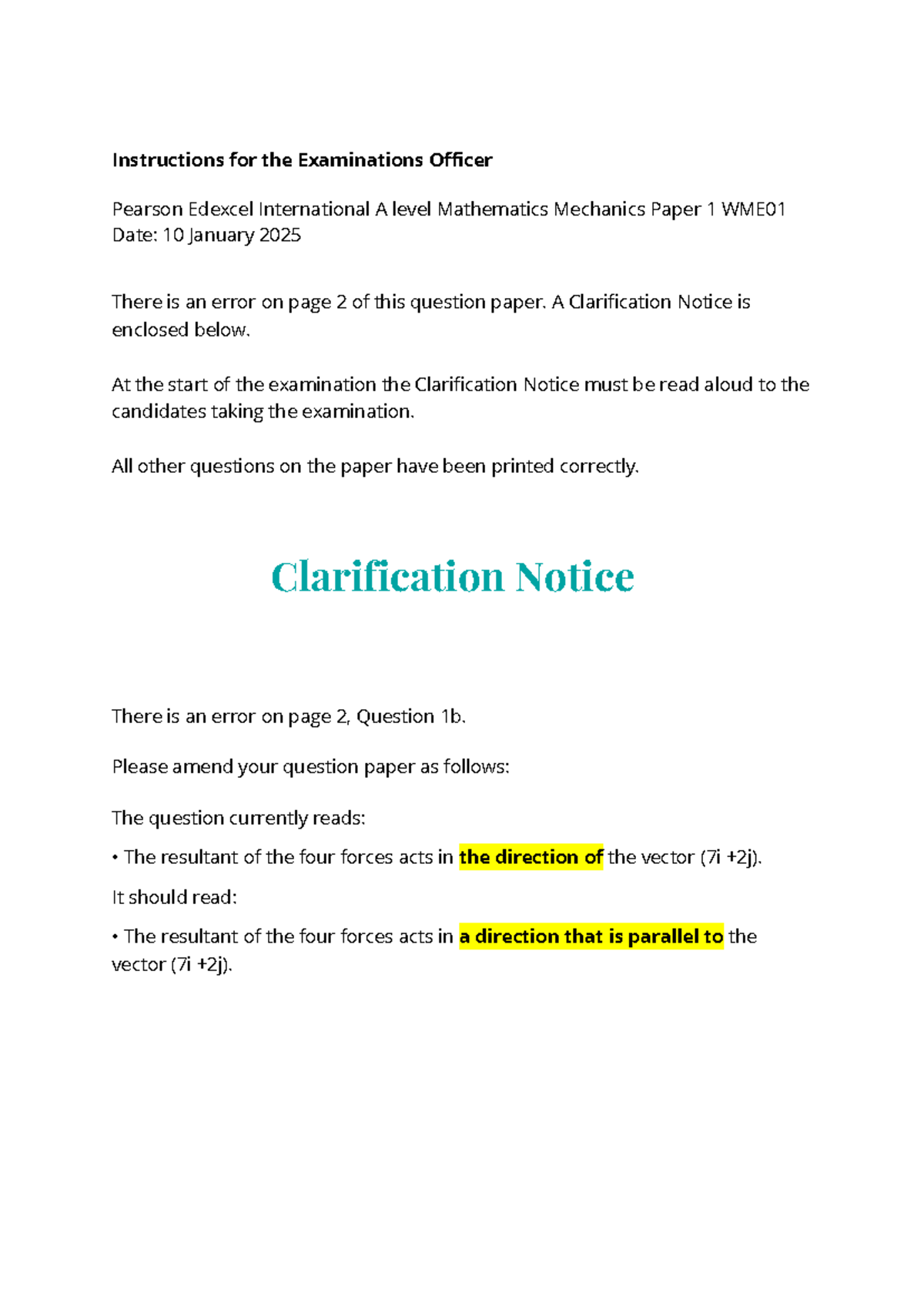 M1 Mechanics Paper 1 Clarification Notice - Jan 2025 - Studocu