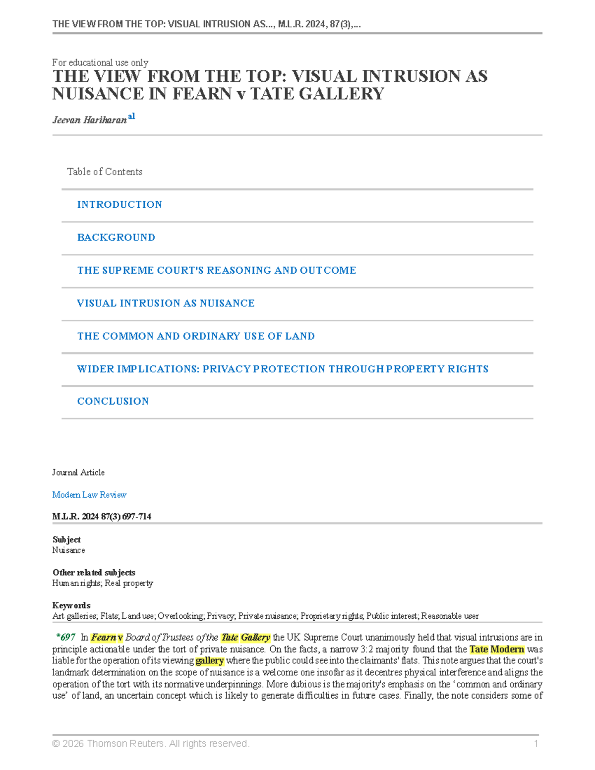THE VIEW FROM THE TOP: VISUAL INTRUSION AS NUISANCE IN FEARN v TATE ...