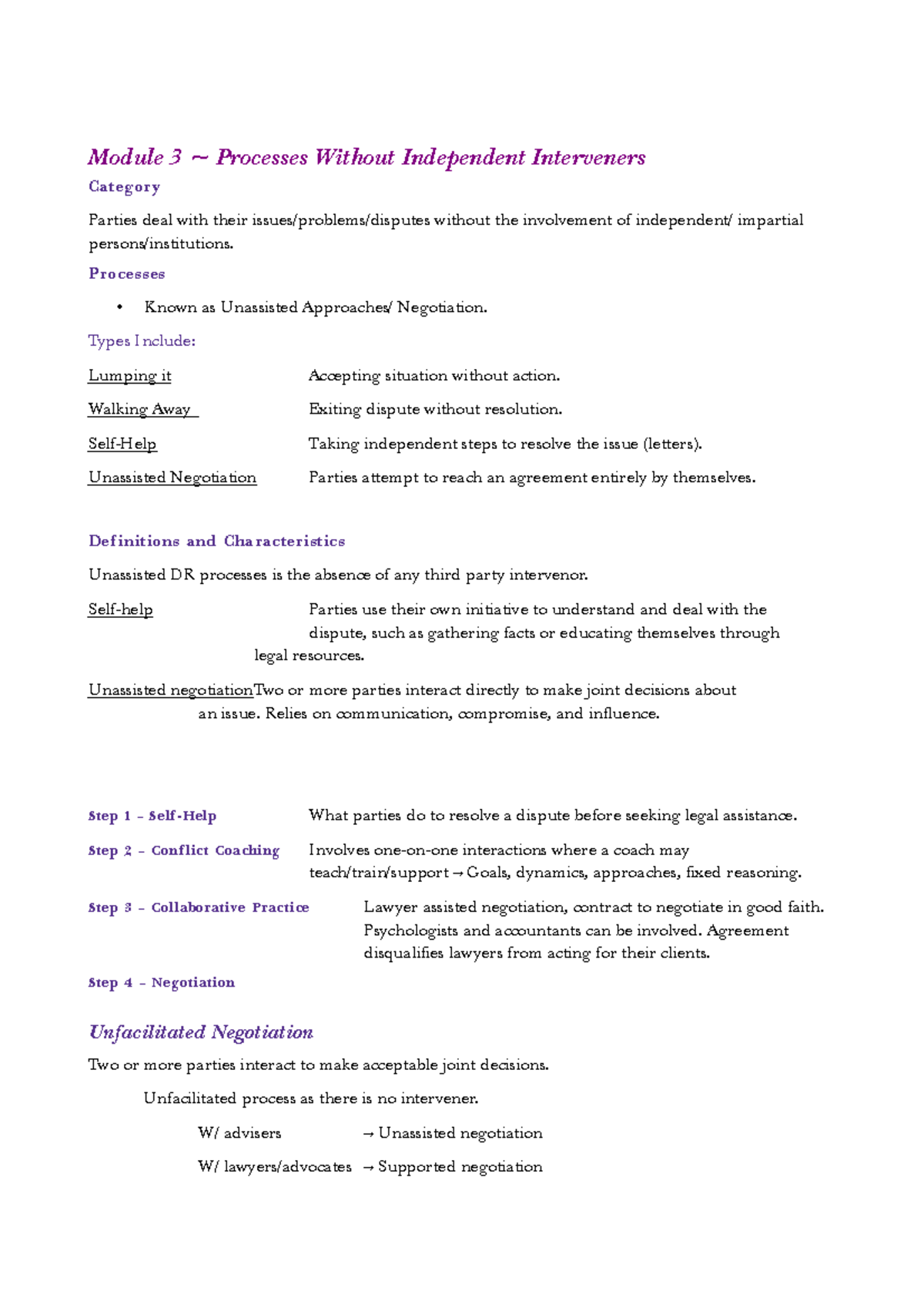 ADR Module 3: Unassisted Negotiation Processes and Strategies - Studocu