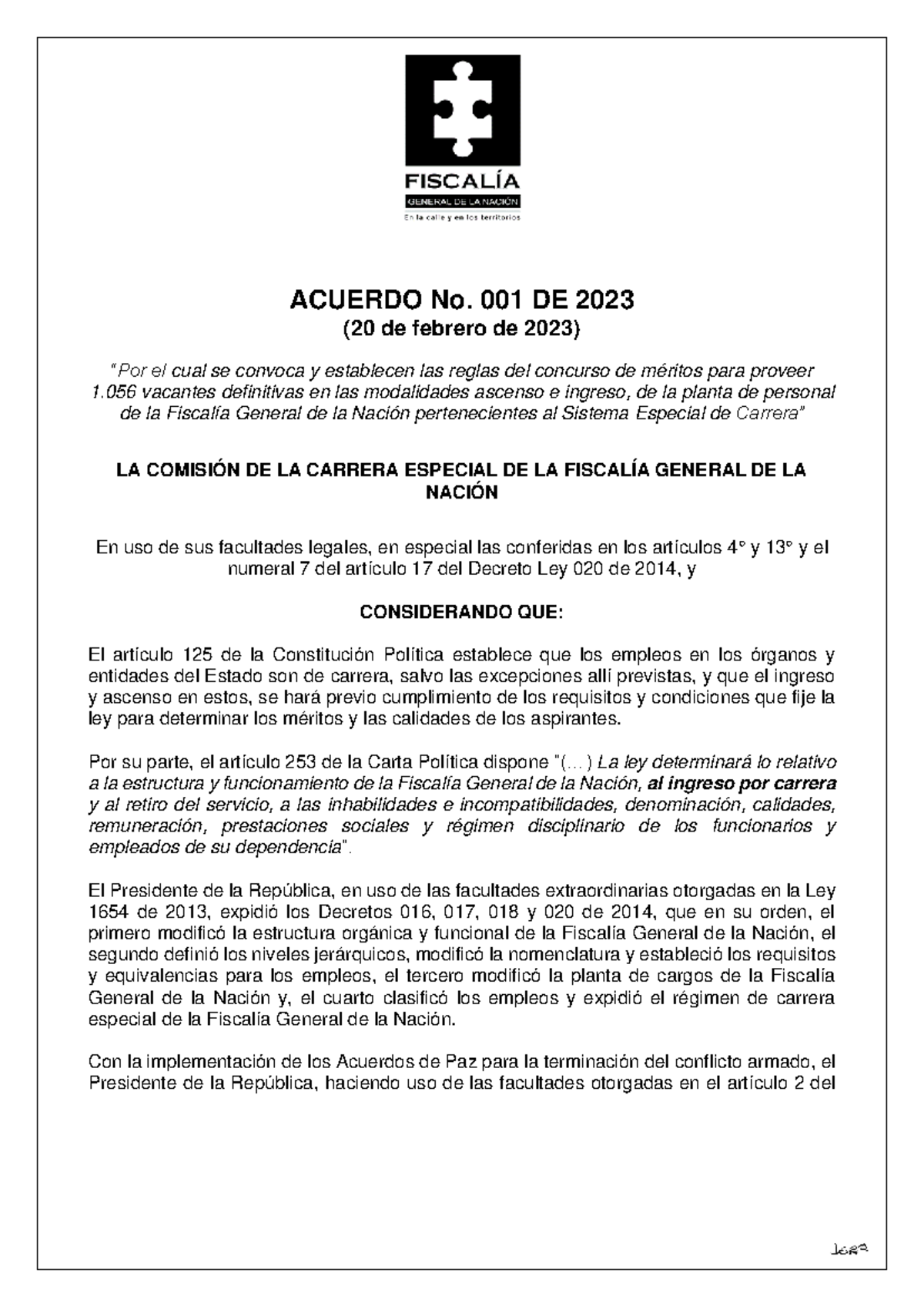 ACUERDO No. 001 DE 2023: Reglas del Concurso de Méritos FGN 2022 - Studocu