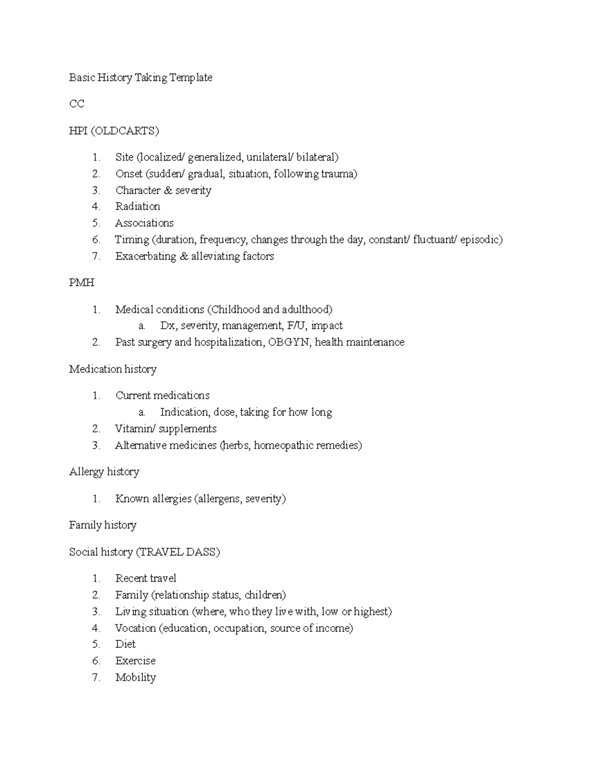 Basic History Taking Template CC HPI (OLDCARTS) Guide - Studocu