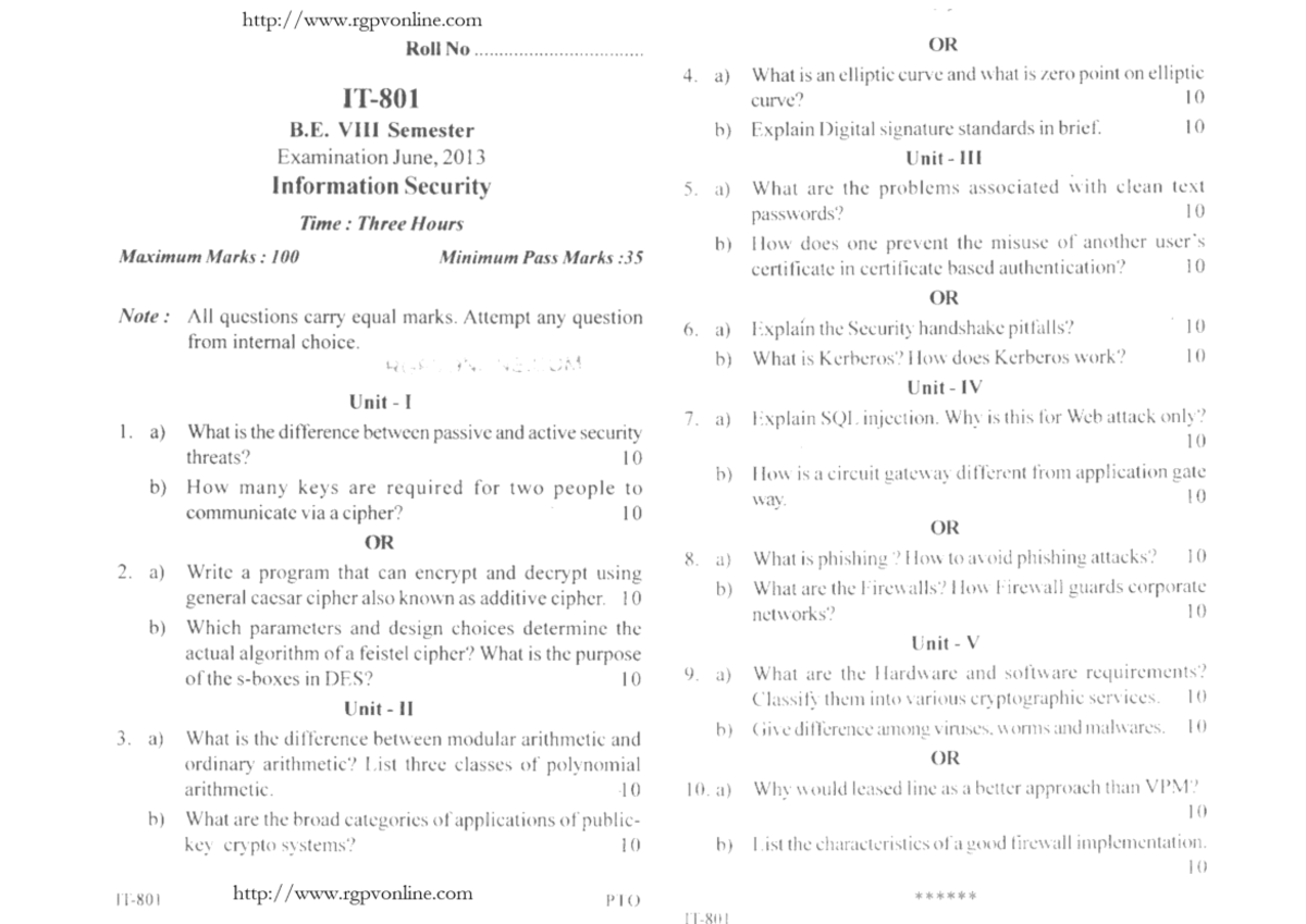 IT 801 Information Security June 2013 Previous Year Paper - Studocu