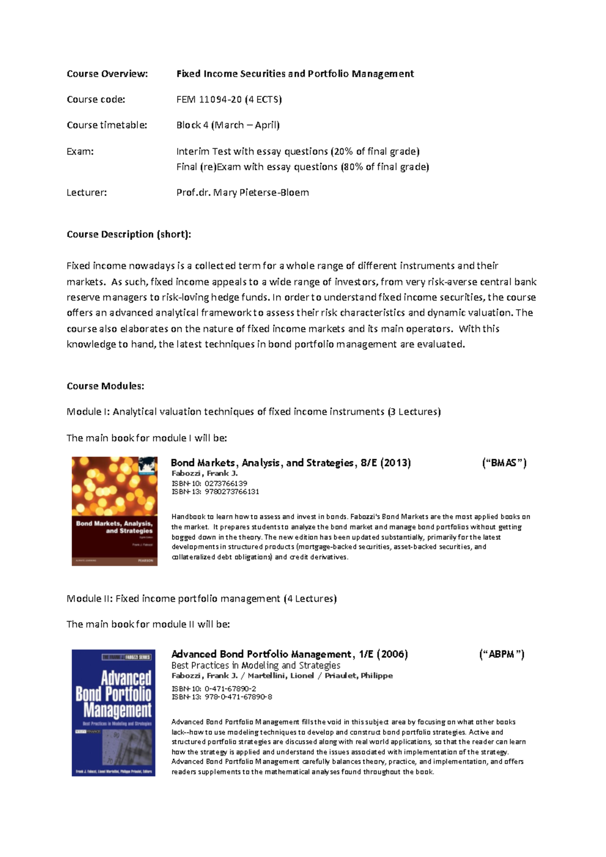 FEM11094-20 Course Overview: Fixed Income Securities & Management ...