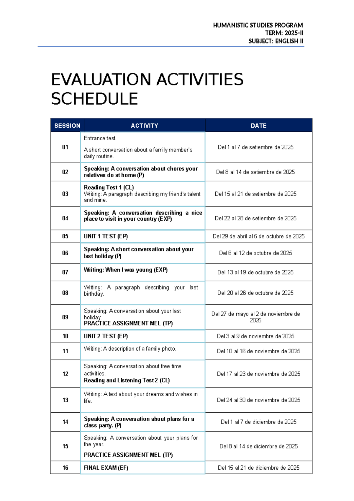 HUMANISTIC STUDIES PROGRAM 2025-II: English II Activity Schedule - Studocu