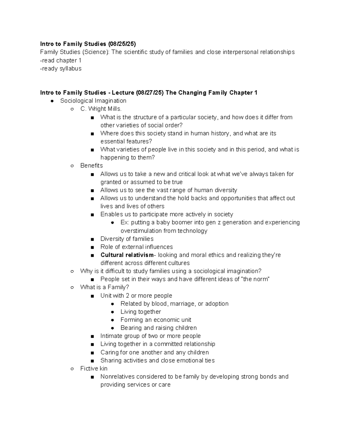 Intro to Family Studies - Lecture Notes (FAM101): Chapter 1 Overview ...