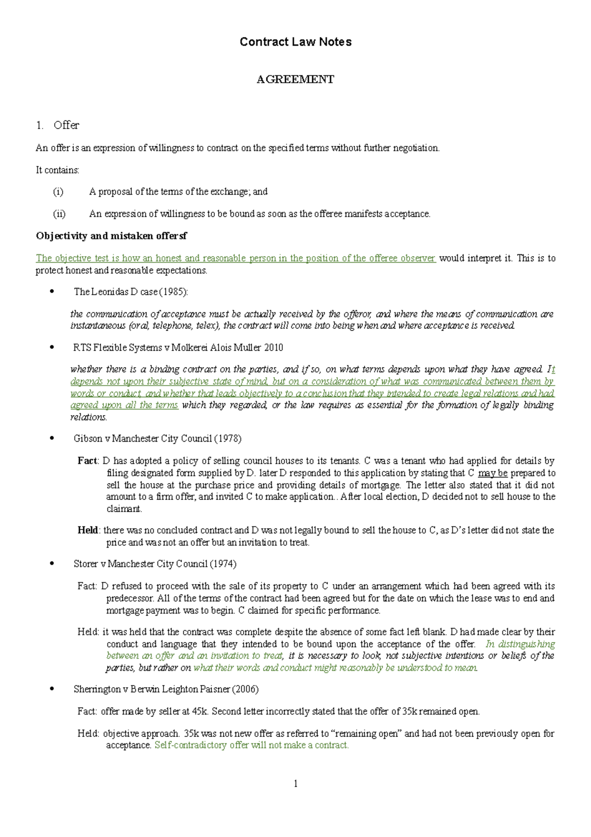 Contract Law - Mindy Notes on Offers and Acceptance Concepts - Studocu