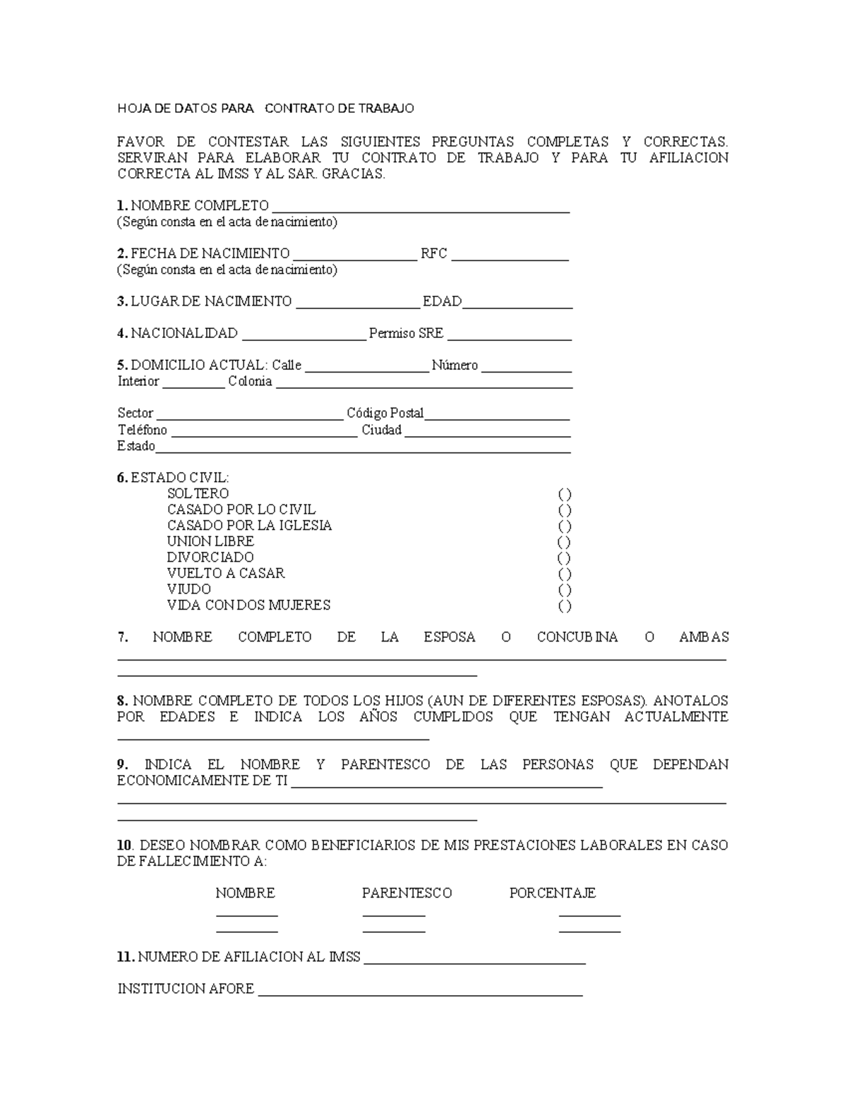 HOJA DE DATOS PARA CONTRATO DE TRABAJO - Información Requerida - Document Preview