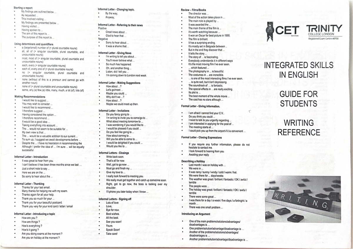 CET TRINITY COLLEGE LONDON Writing Notes and Guidelines - Studocu