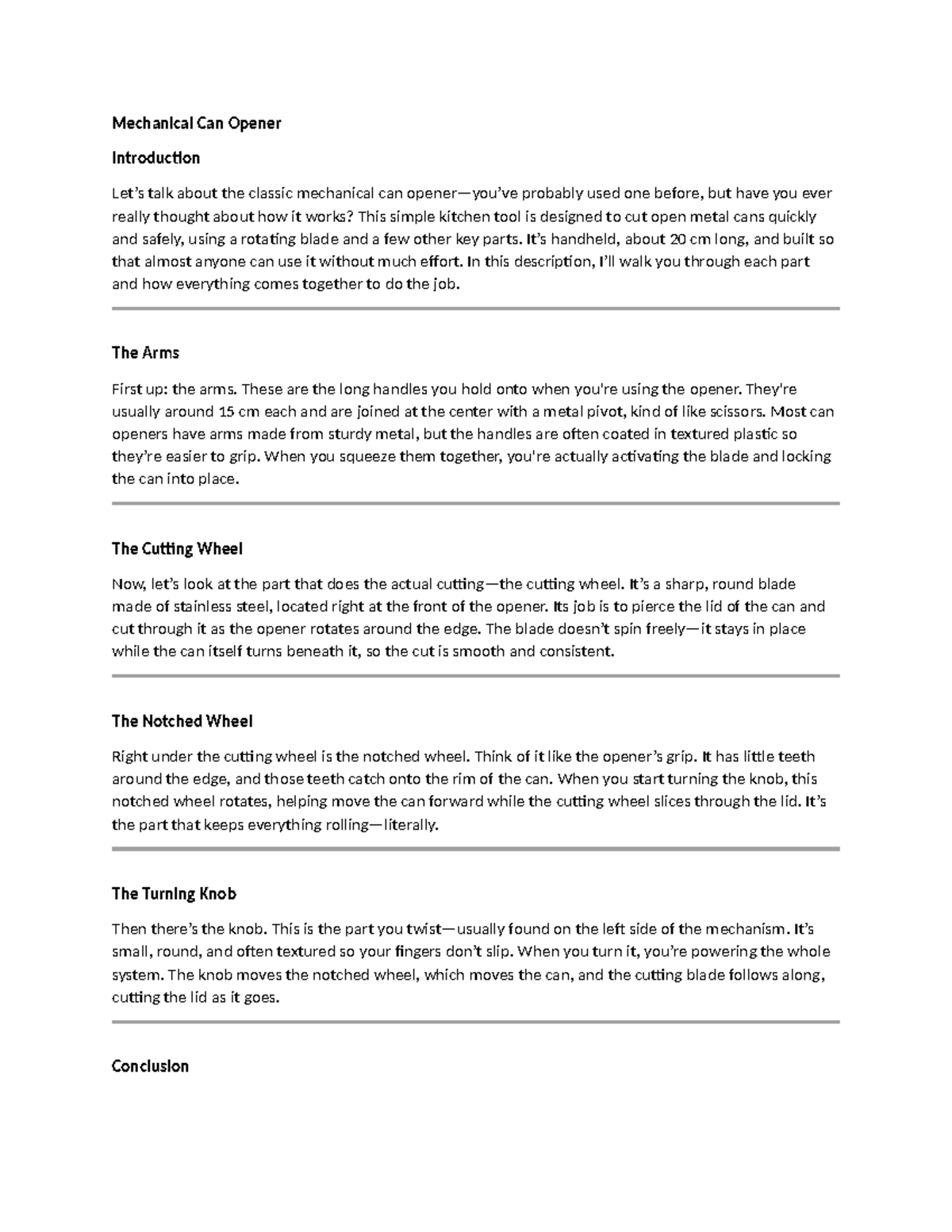 Mechanical Can Opener: Descriptive Writing Notes - Studocu