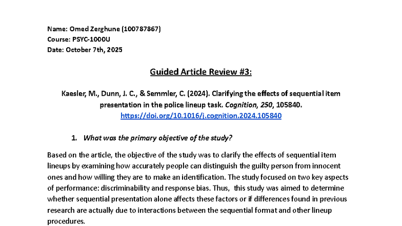 PSYC 1000U Guided Article Review: Effects of Sequential Lineup ...