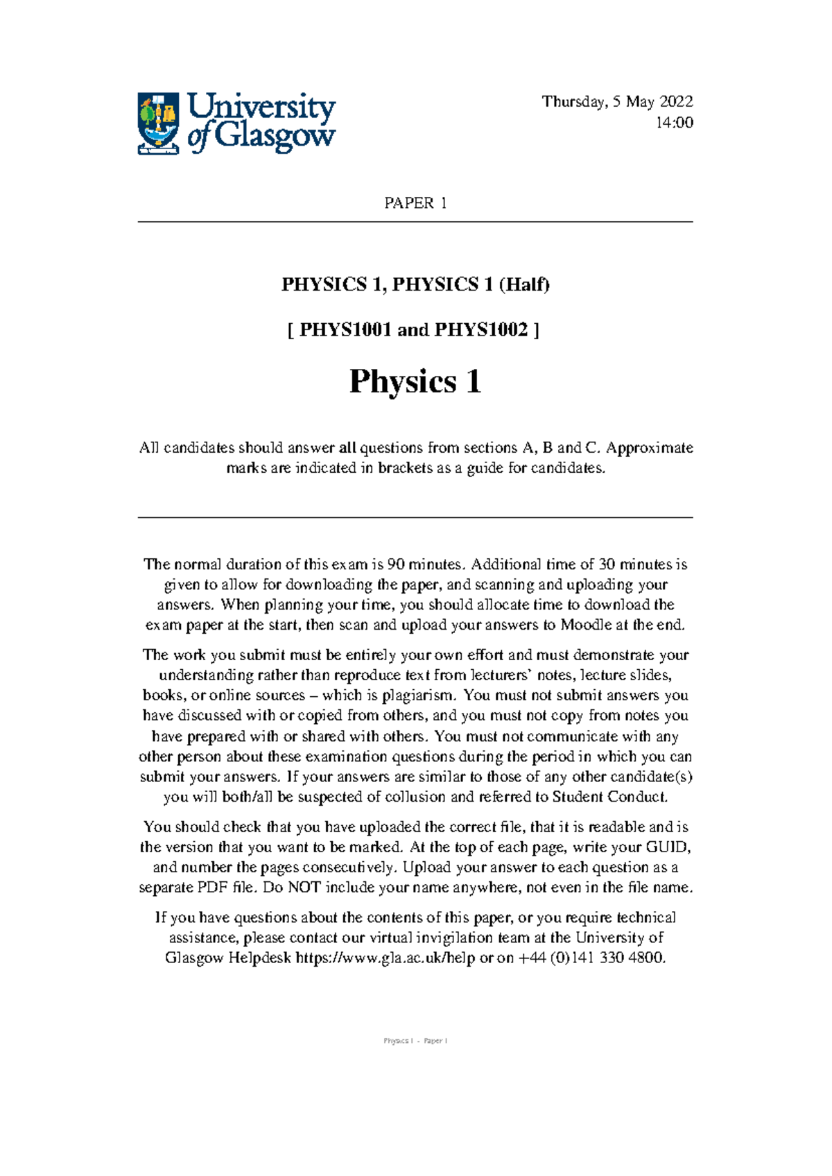 P1 PHYS1001 & PHYS1002 Physics 1 Final Exam Paper 1 - May 2022 - Studocu