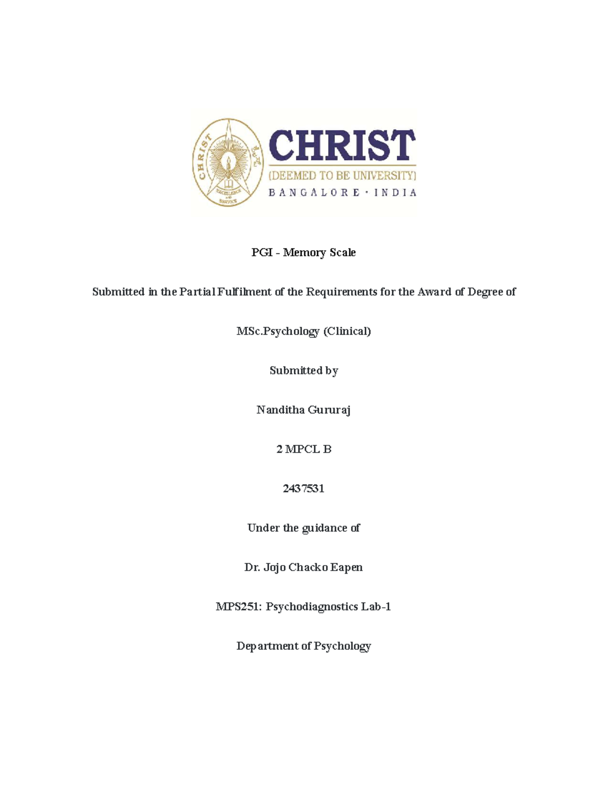 MPS251: PGI Memory Scale Assessment Report for MSc Psychology - Studocu