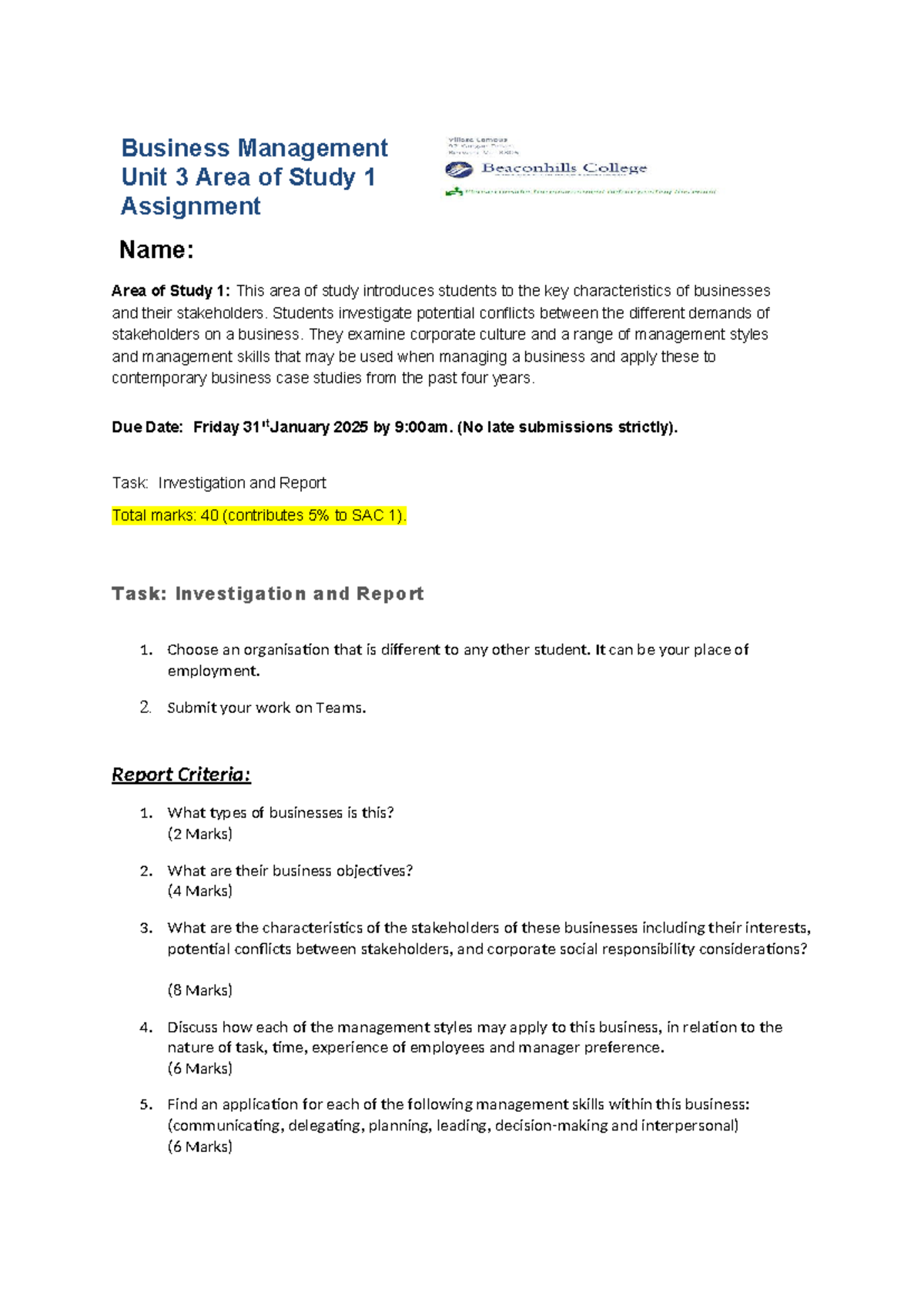 Unit 3 Area of Study 1 Holiday Assignment - Business Management Unit 3 ...