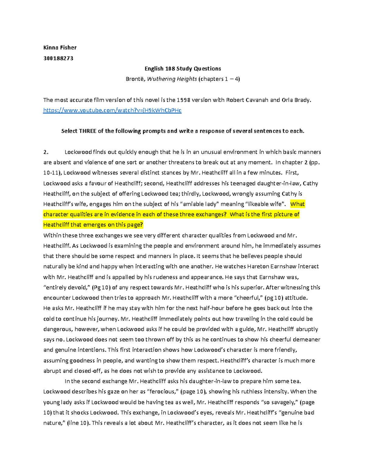 Wuthering Heights (ENG 108) study questions for chapters 1-4 - Studocu