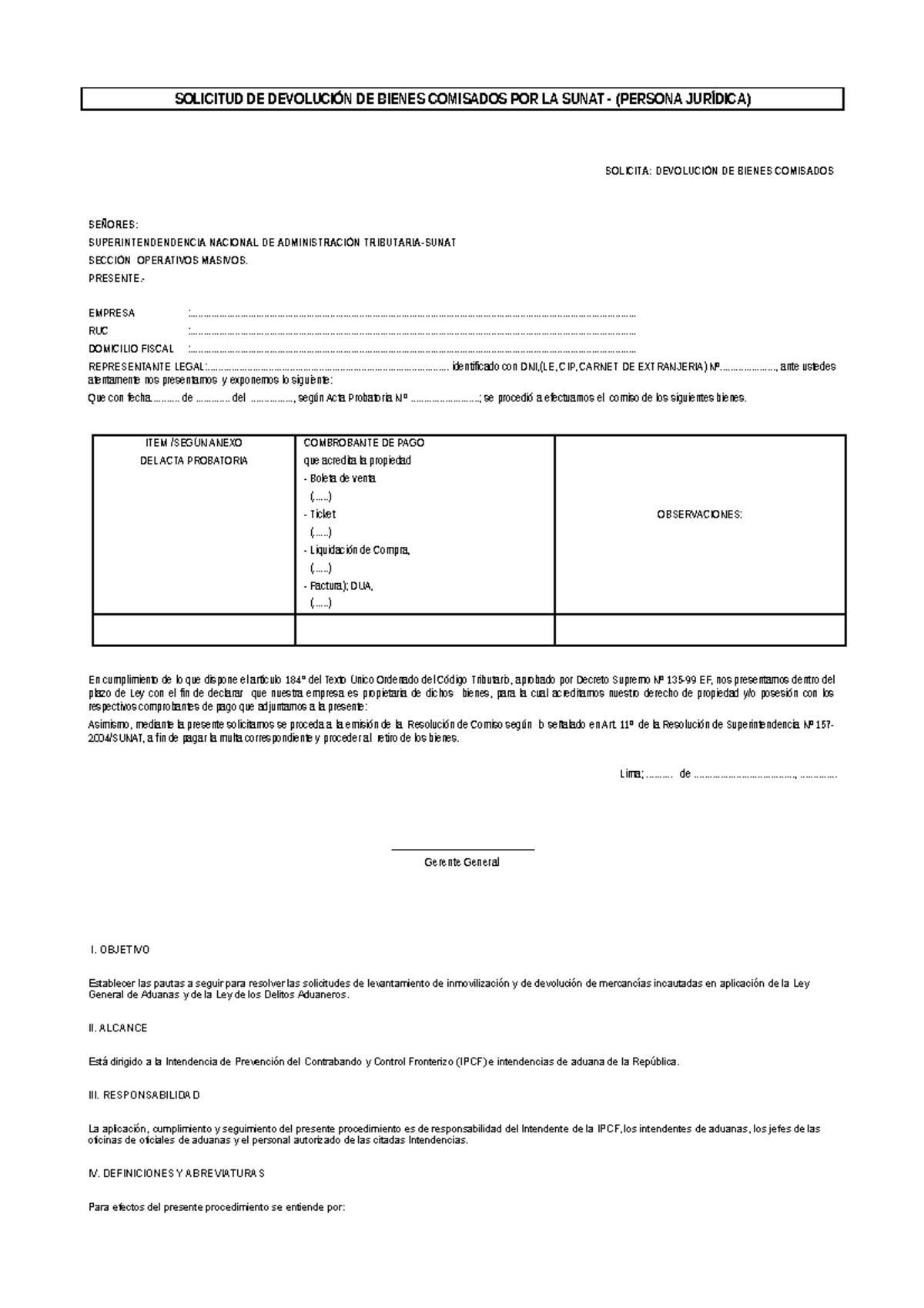 Solicitud de Devolución de Bienes Comisados por la SUNAT (Ley General ...