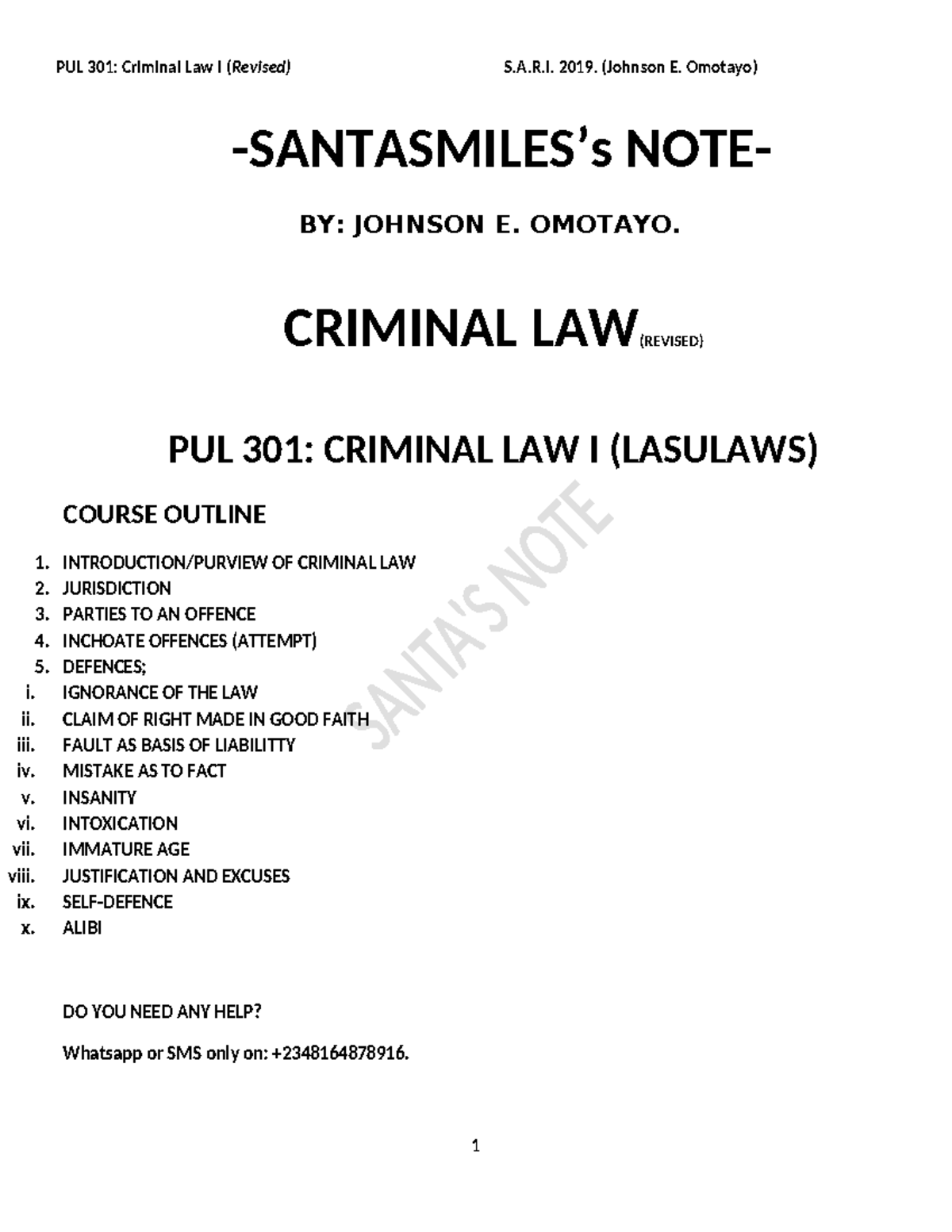 PUL 301 (RLV) - Lecture Notes on Criminal Law I Overview - Studocu