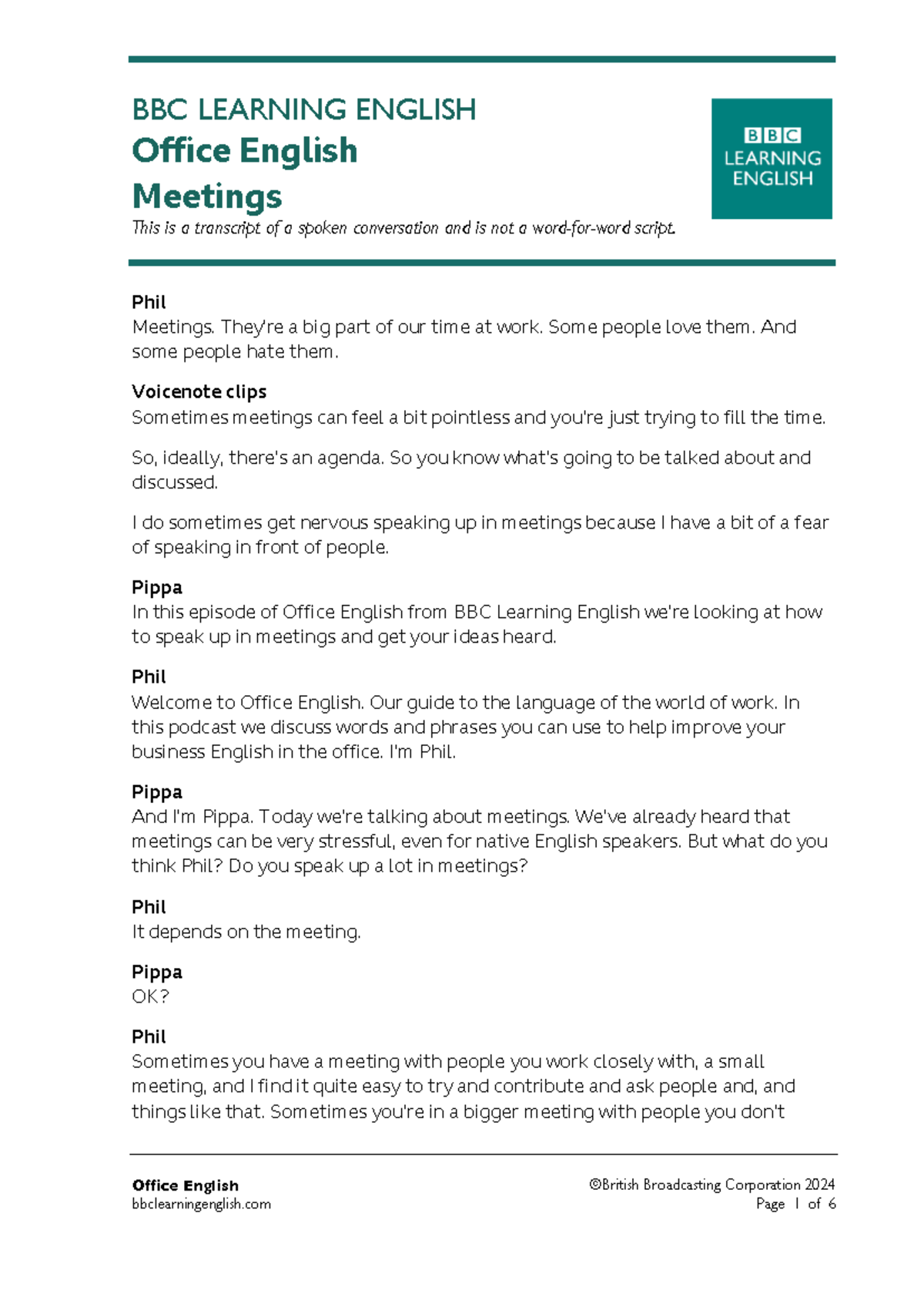 BBC LEARNING ENGLISH: Office English Meetings Transcript - Studocu