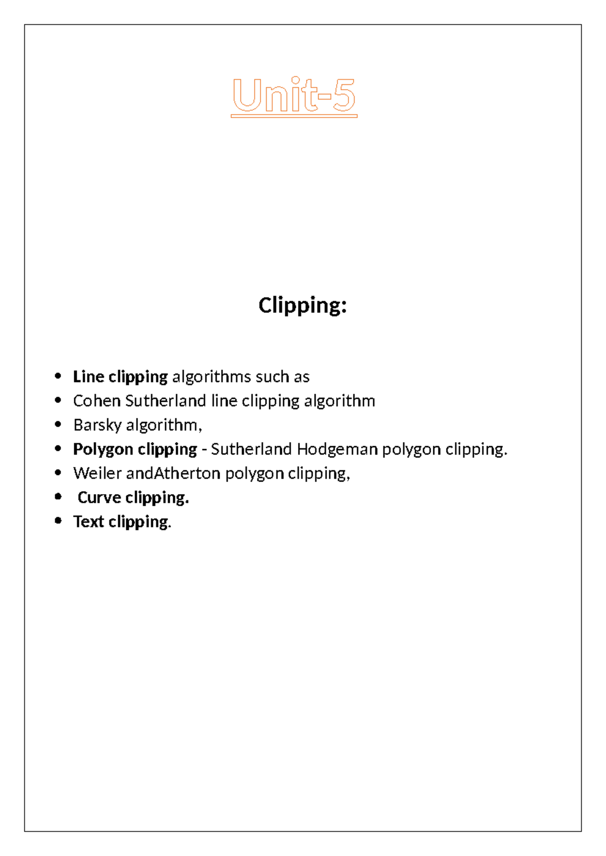 CSH 4 Unit 5: Clipping Algorithms in Computer Graphics - Studocu