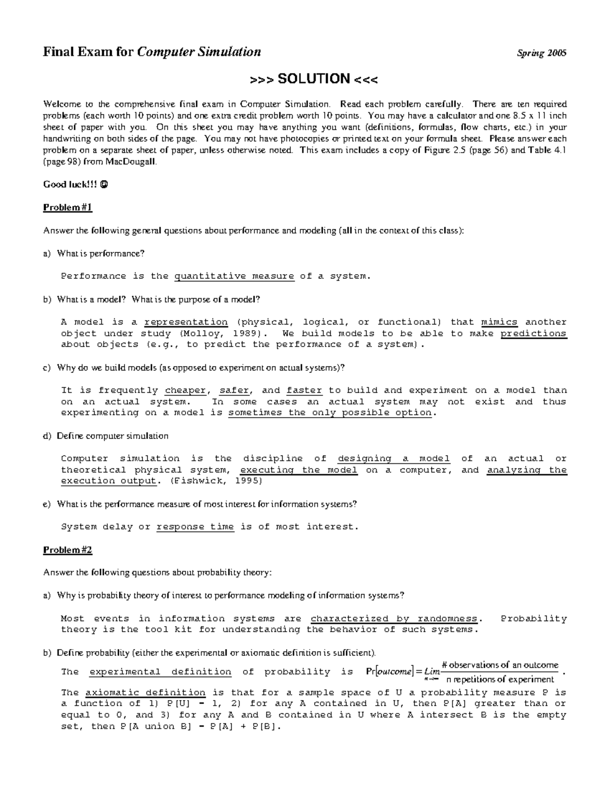 Sim a - simulation and modeling lecture notes - Final Exam for Computer ...