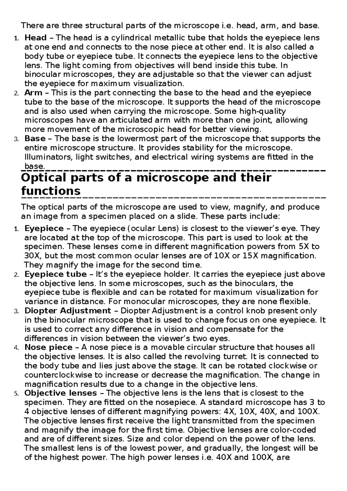 Microscope Structure and Optical Parts Overview - BIO 101 Lecture Notes ...