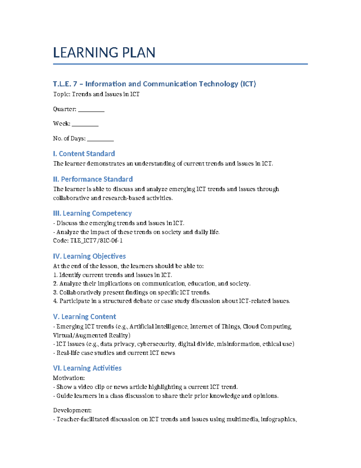 TLE7 ICT Learning Plan Trends Issues - LEARNING PLAN T.L. 7 ...
