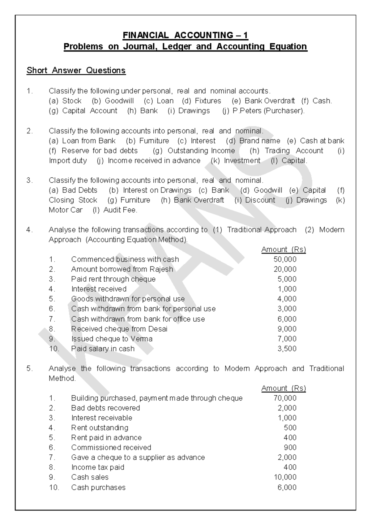 Problems on Journal, Ledger and Accounting Equation - (a) Stock (b ...
