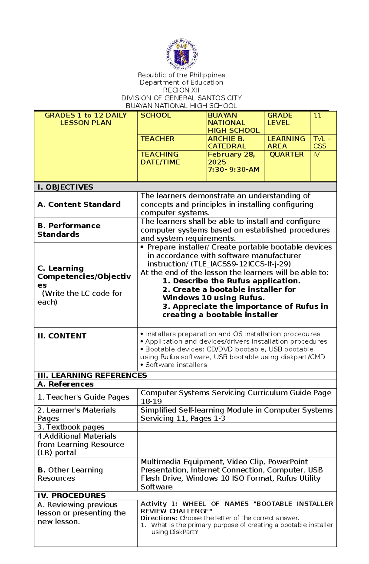 Lesson Plan for TVL CSS IV: Creating Bootable USB Installers Using ...
