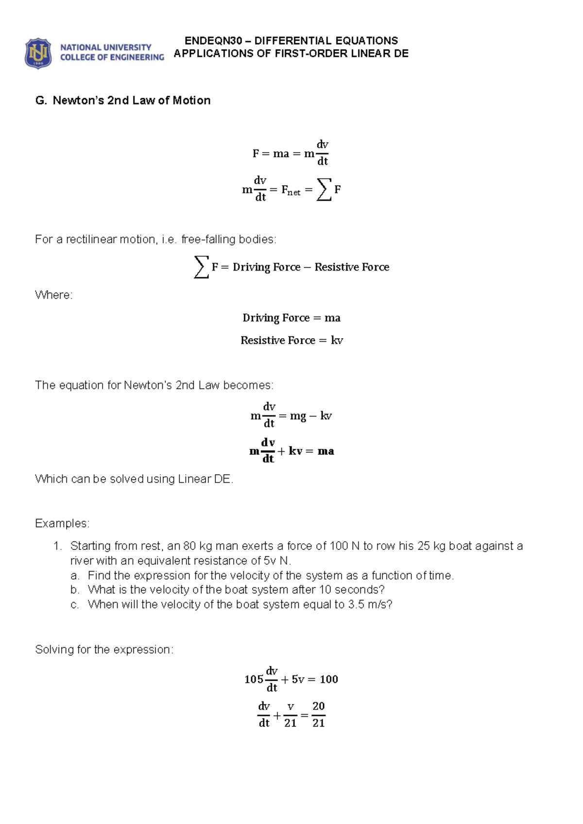 ENDEQN30 DIFFERENTIAL EQUATIONS APPLICATIONS OF LINEAR DE - Part 2 ...