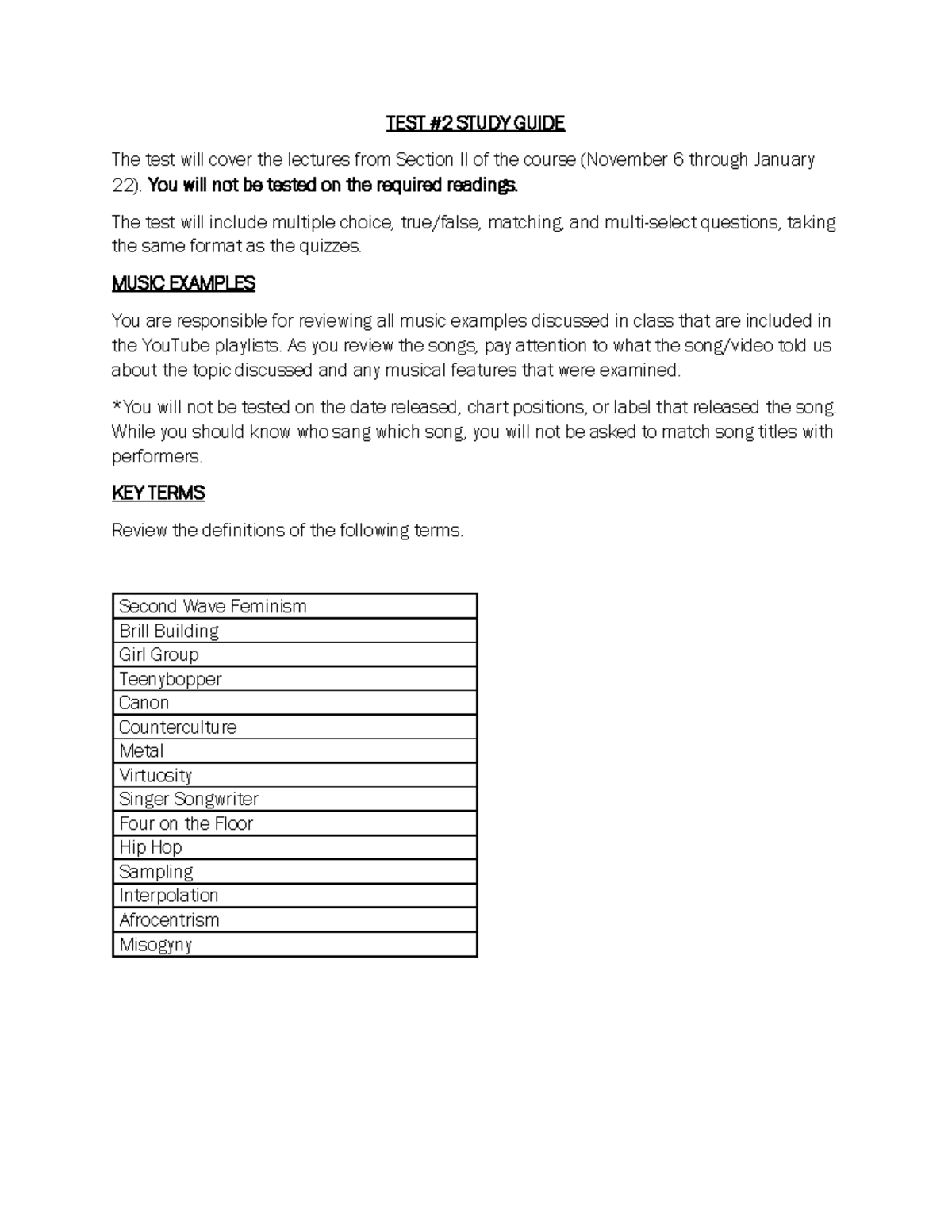 MUSIC 101: TEST 2 Study Guide on Key Topics and Concepts - Studocu