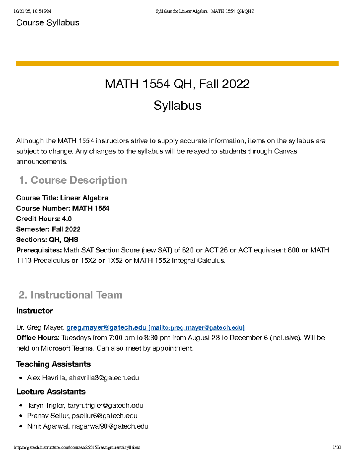 Syllabus for Linear Algebra - MATH 1554 QH, Fall 2022 - Studocu