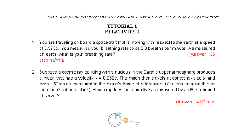 PHY 2025: Relativity Tutorial 1 - Key Concepts and Problems - Studocu