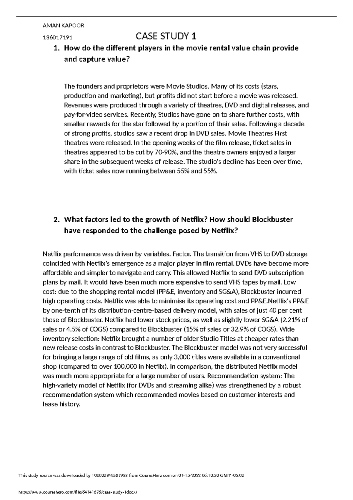 Case study 1 - Movie Rental Business (KEL616): We all know Blockbuster ...