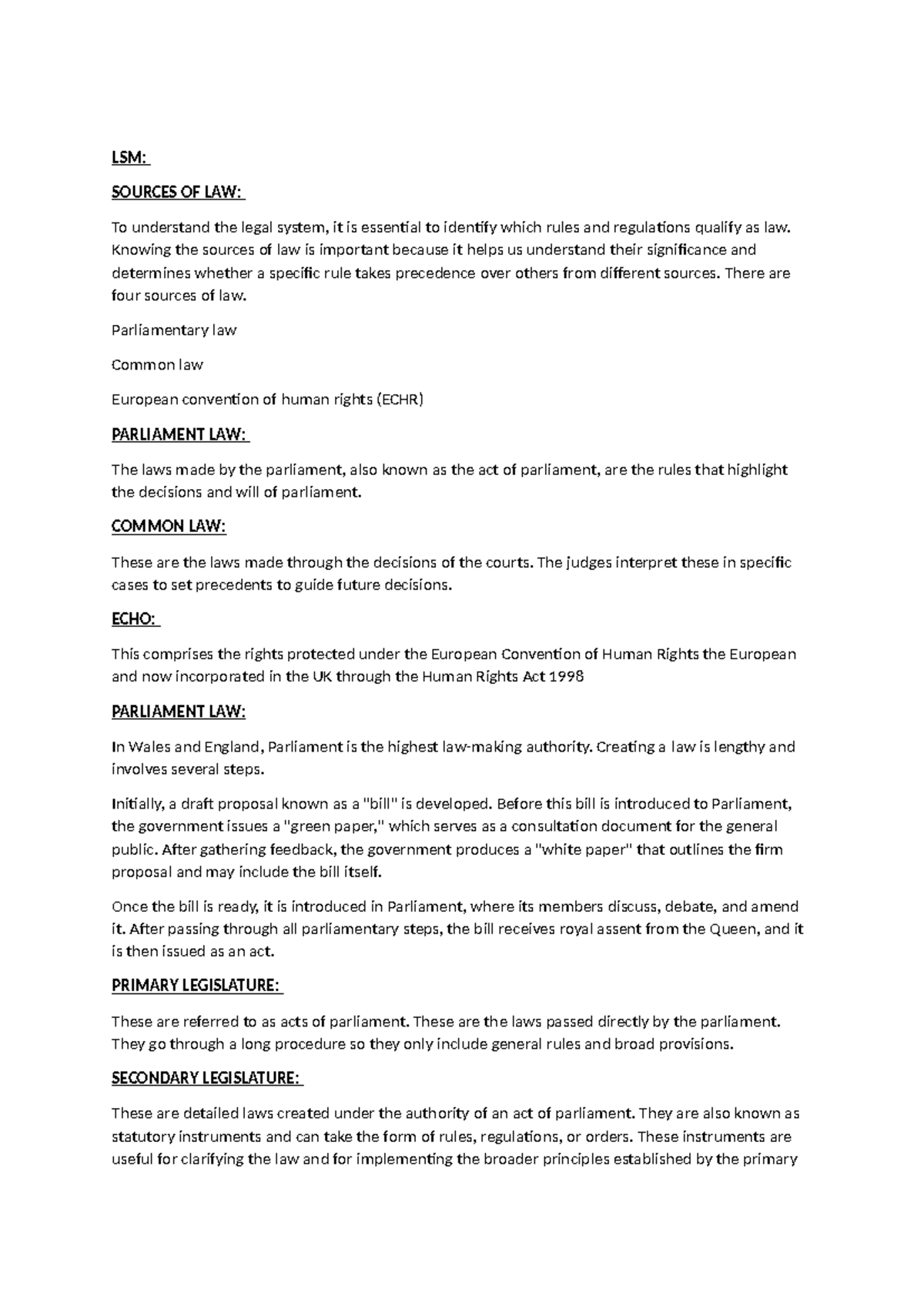 LSM: SOURCES OF LAW - Year 1 Comprehensive Study Notes - Studocu