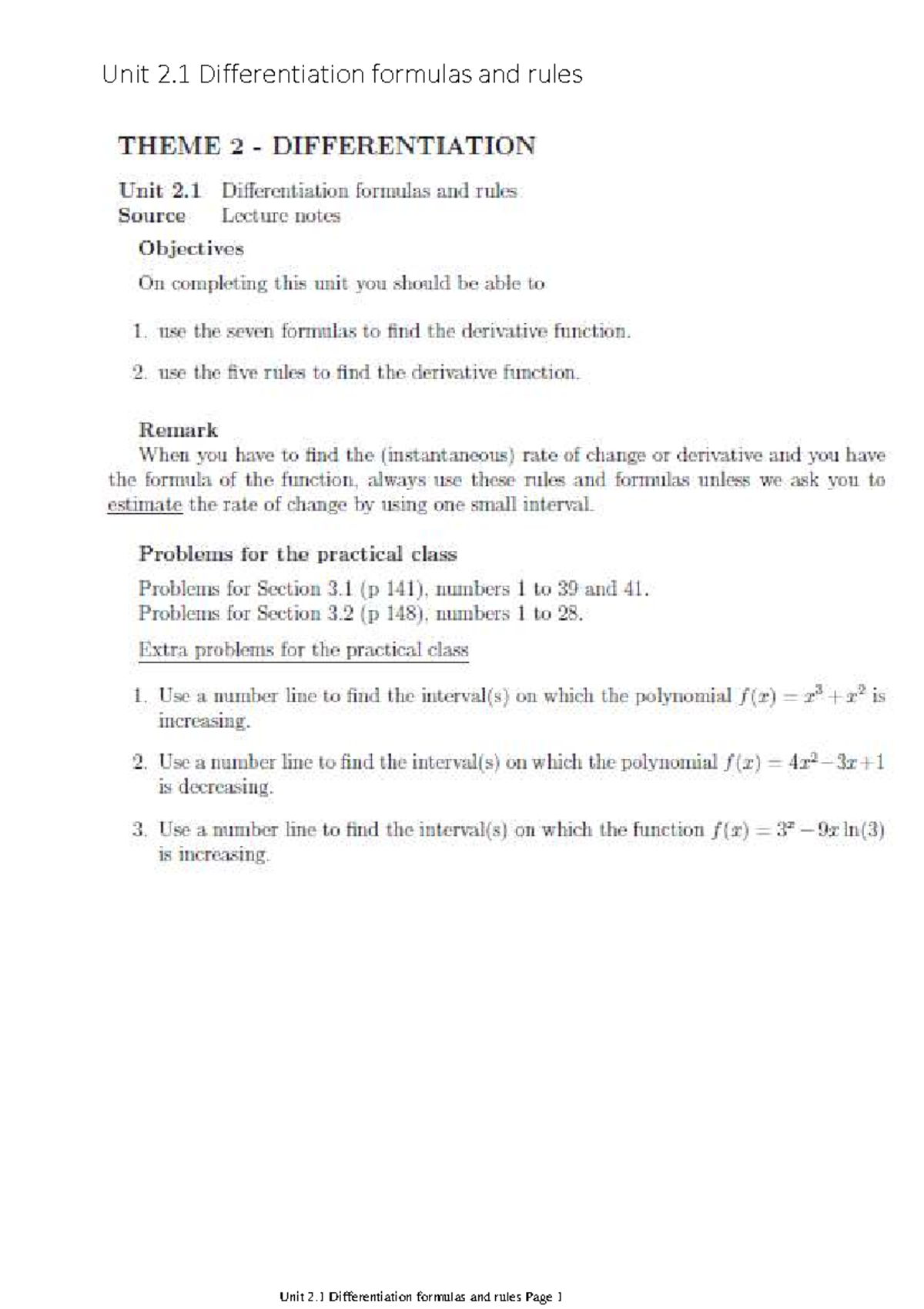 Unit 2.1 Differentiation Formulas & Rules: Annotated Study Guide - Studocu