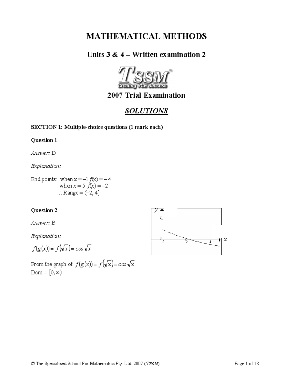 2007 TSSM Exam 2 Solutions - Mathematical Methods Review - Studocu