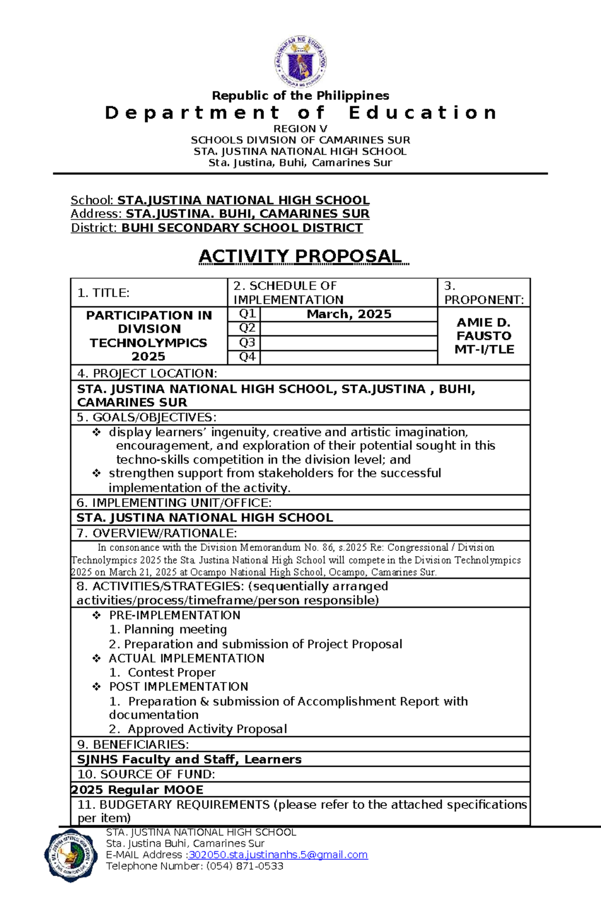 Activity Proposal for Division Technolympics 2025 - SJNHS - Studocu