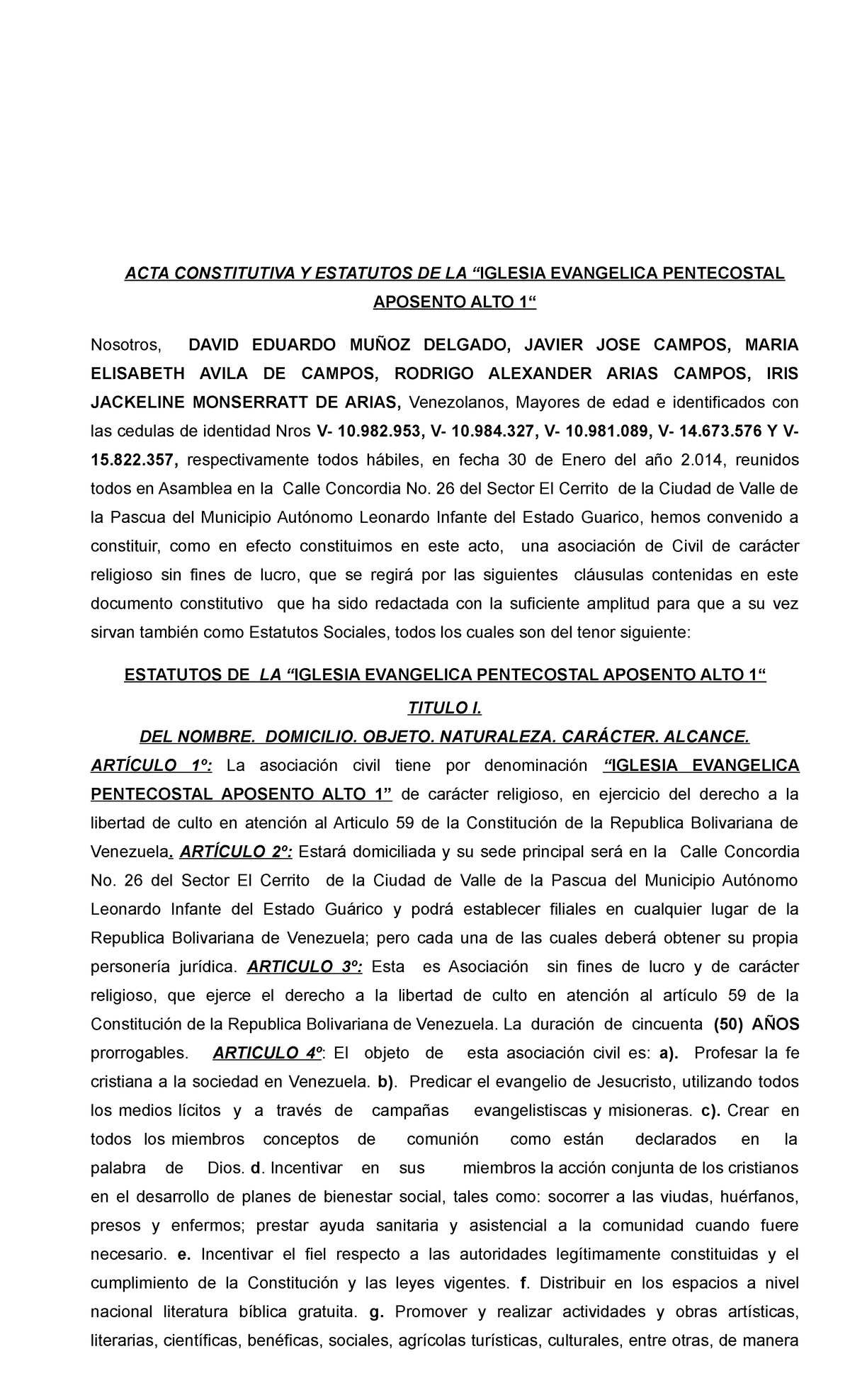 ACTA CONSTITUTIVA Y ESTATUTOS DE LA IGLESIA EVANGELICA PENTECOSTAL - Document Preview