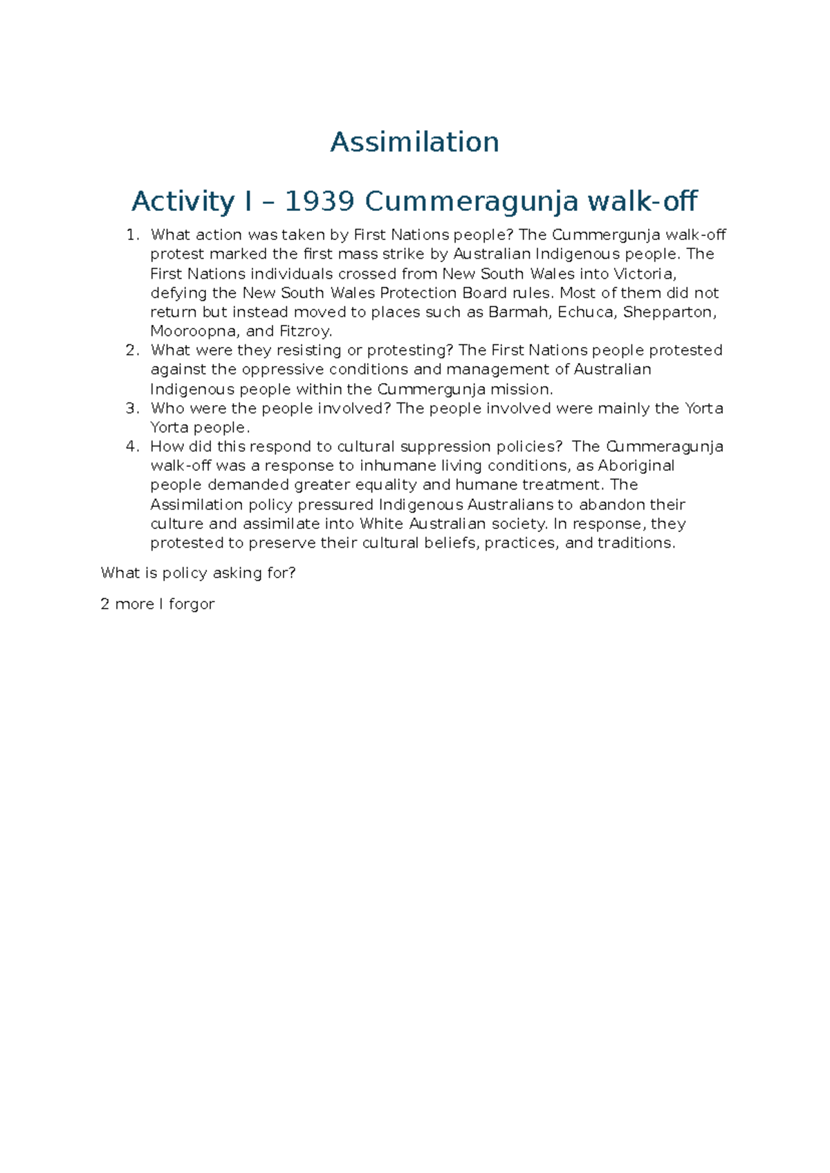 Assimilation Activity I: Cummergunja Walk Off 1939 Analysis - Studocu