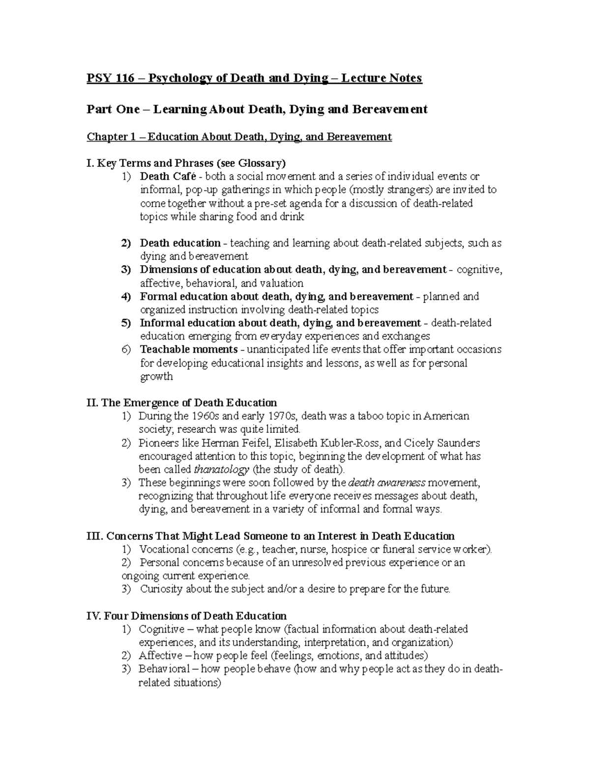 Lecture Notes: PSY 116 Ch. 1-3 on Death and Dying Concepts - Studocu